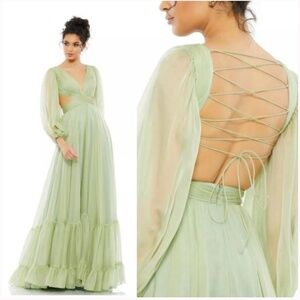 Mac Duggal New Lace Up Chiffon Ruffle Tiered Goddess Gown Maxi Dress Sz …